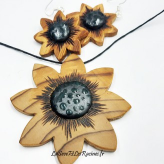 Collier et boucles d'oreilles fleur en bois de cèdre et céramique jaune noir parure