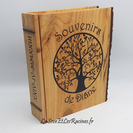 Boîte en bois forme livre souvenirs personnalisée arbre de vie