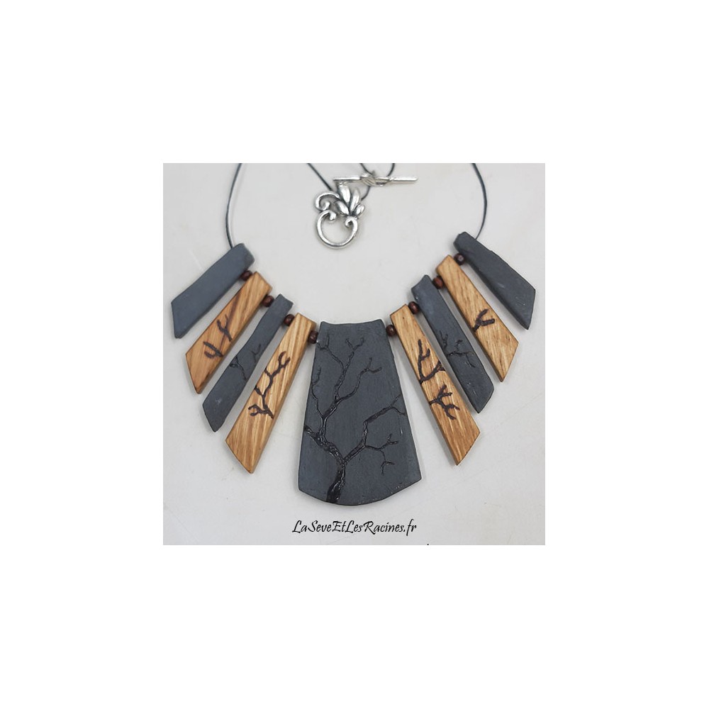 Collier bois ceramique artisanal bleu-gris arbre bio ecologique