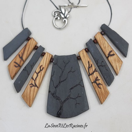 Collier bois ceramique artisanal bleu-gris arbre bio ecologique