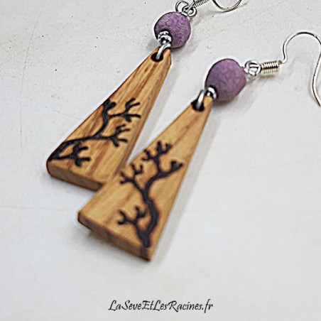 Boucles d'oreilles artisanales arbre en bois de châtaignier et céramique violette bio écologique