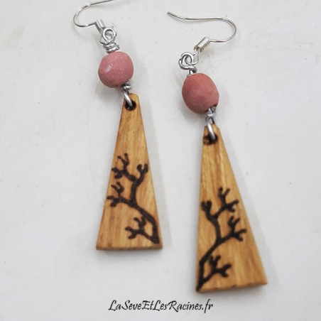 Boucles d'oreilles artisanales arbre en bois de châtaignier et céramique rouge bio écologique