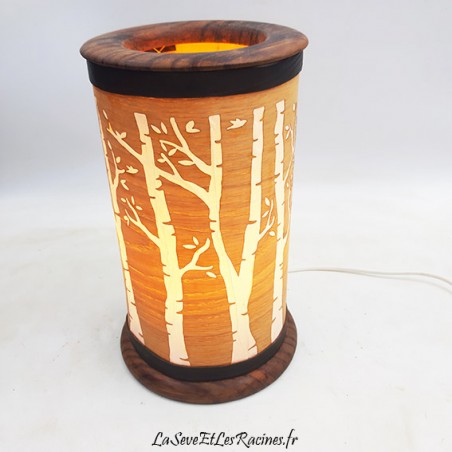 Lampe d'ambiance à poser en bois d'if et placage chêne ajouré fabrication artisanale