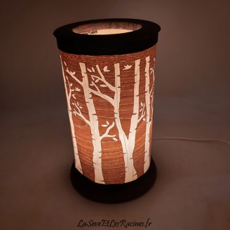 Lampe d'ambiance à poser en bois d'if et placage chêne ajouré fabrication artisanale