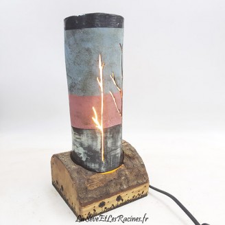 Lampe d'ambiance à poser en bois de hêtre et céramique ajourée fabrication artisanale