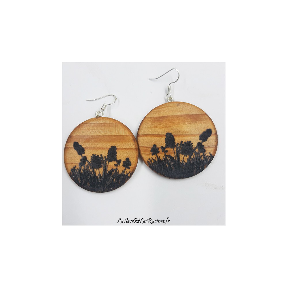 Boucles d'oreilles bois fleurs champs