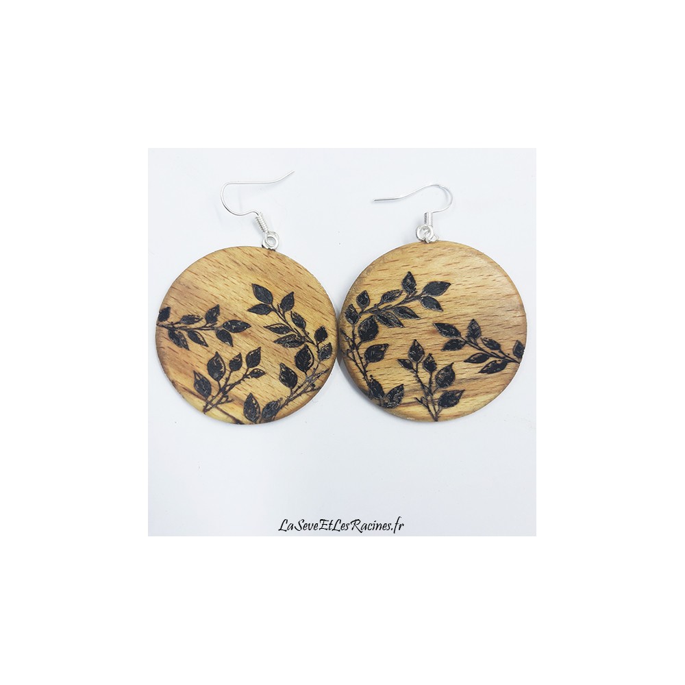 Boucles d'oreilles bois feuilles d'arbre artisanales