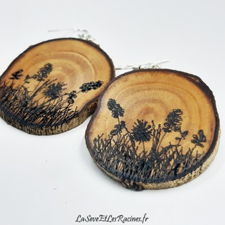 boucle d'oreilles artisanales en bois d'olivier pyrogravé champêtre