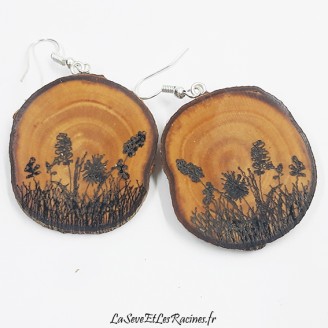 boucle d'oreilles artisanales en bois d'olivier pyrogravé champêtre