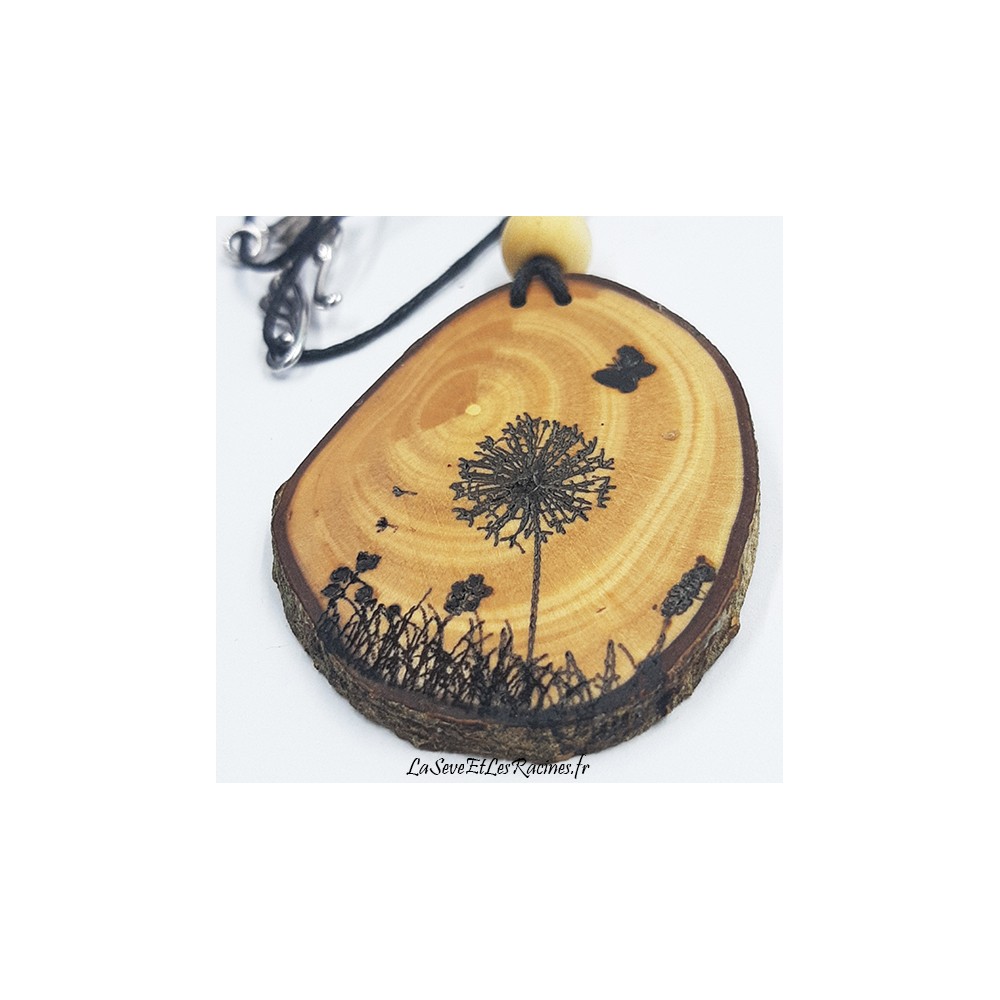 Collier en bois d'olivier artisanal pissenlit bio