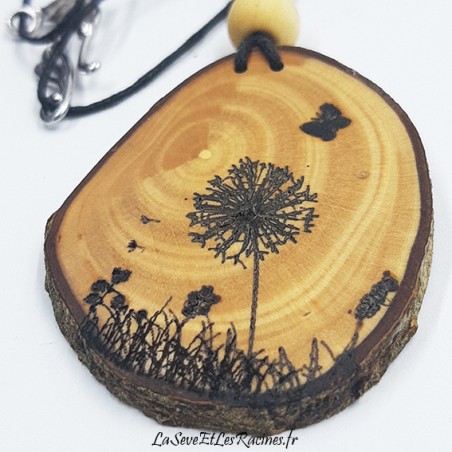 Collier en bois d'olivier artisanal pissenlit bio