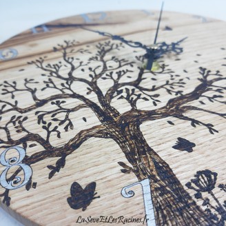 horloge bois artisanale pyrogravée arbre 265mm