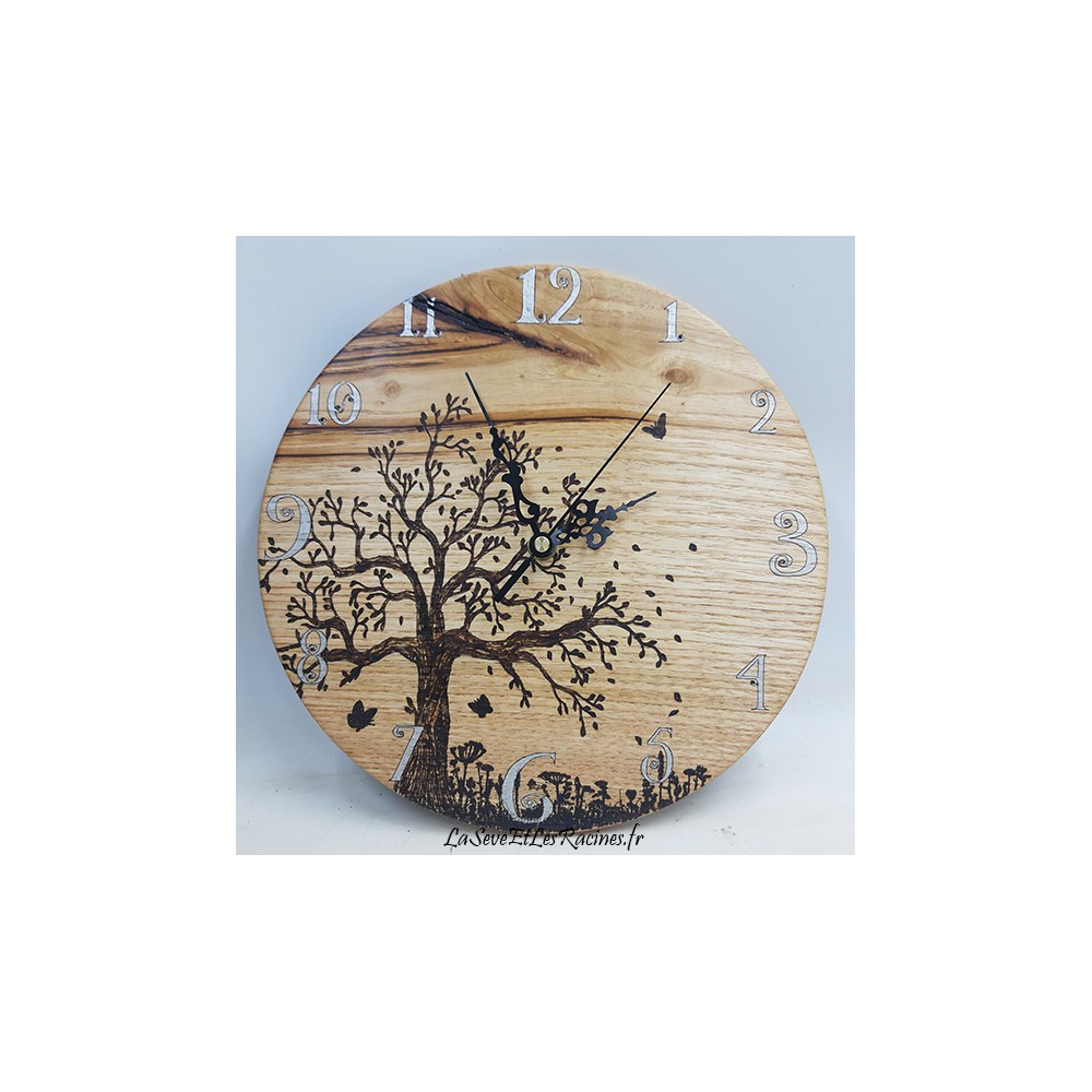 horloge bois artisanale pyrogravée arbre 265mm
