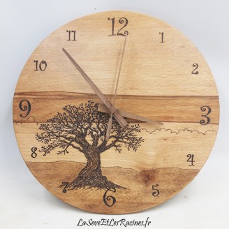 horloge bois artisanale pyrogravée arbre 28cm