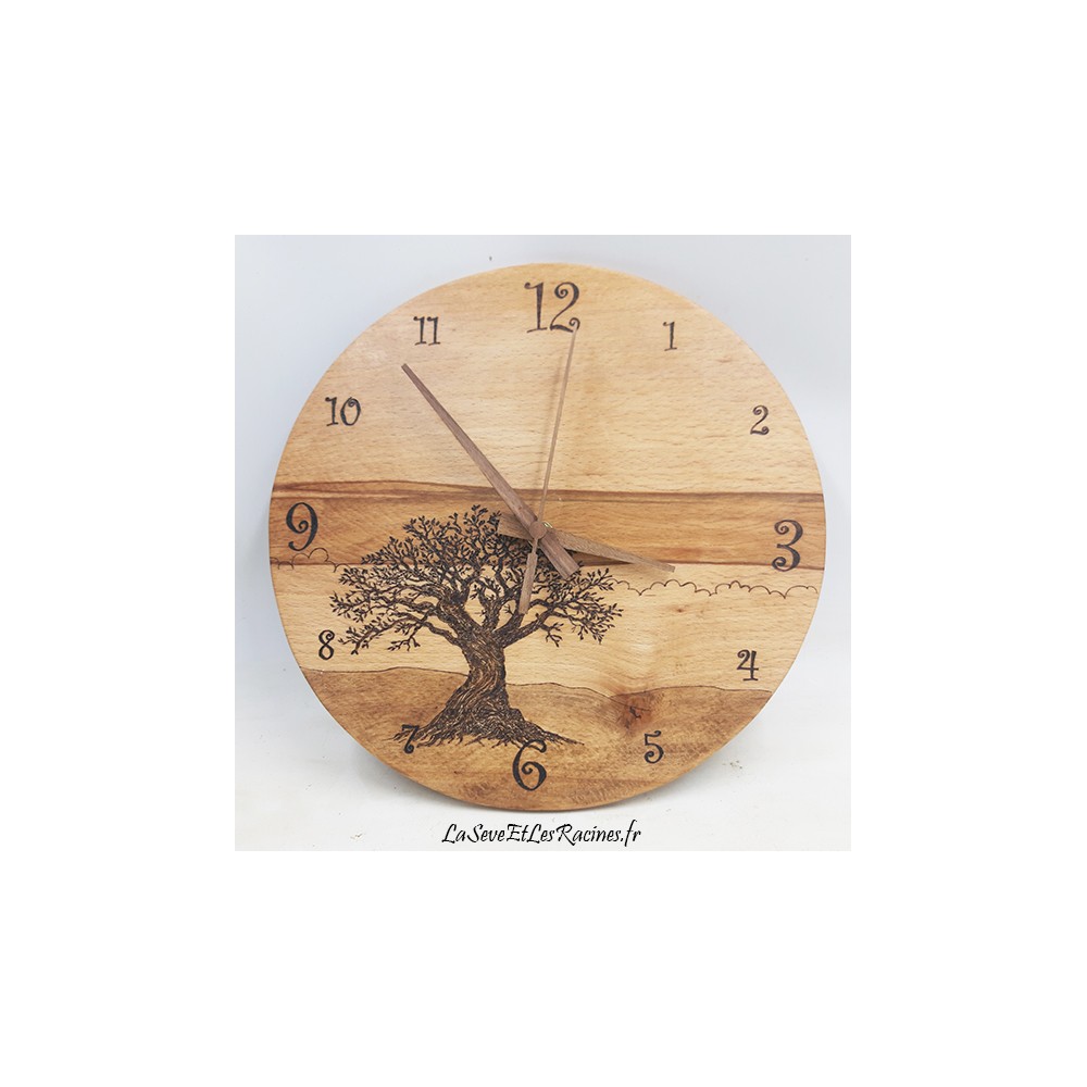 horloge bois artisanale pyrogravée arbre 28cm