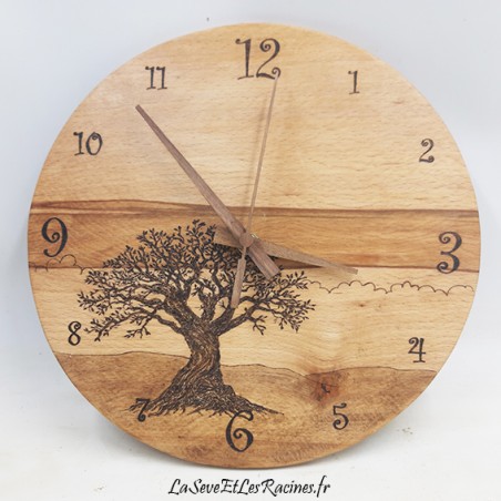 horloge bois artisanale pyrogravée arbre 28cm