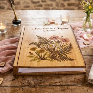 Livre d'or en bois champêtre fleurs artisanal, pièce unique