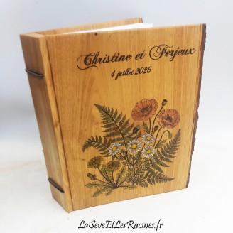 Livre d'or en bois champêtre fleurs artisanal, pièce unique