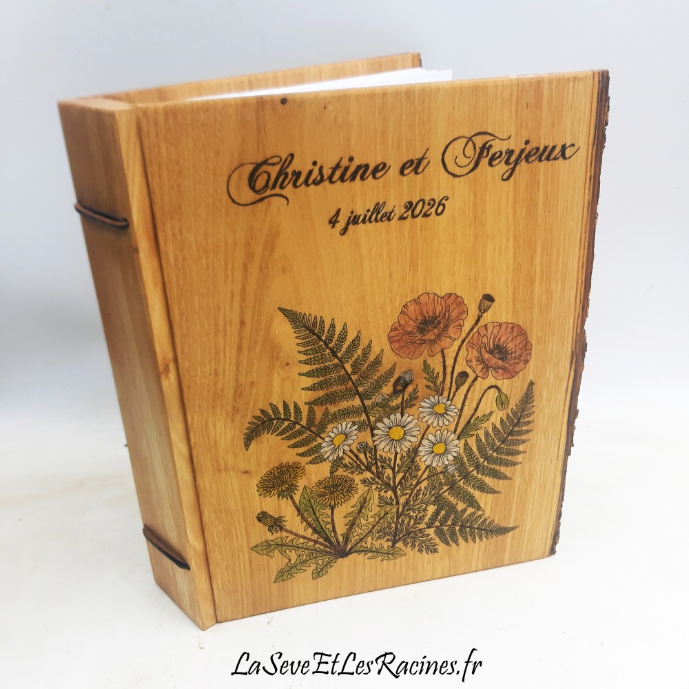 Livre d'or en bois champêtre fleurs artisanal, pièce unique