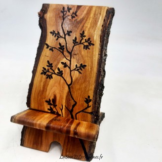 Support téléphone en bois de pêcher personnalisé gravé arbre