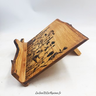 Support inclinable pour tablette et ordinateur hybride en bois avec gravure florale