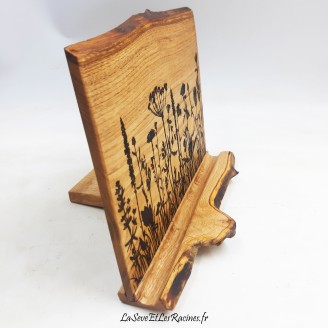 Support inclinable artisanal pour tablette et ordinateur hybride avec gravure champêtre style rustique