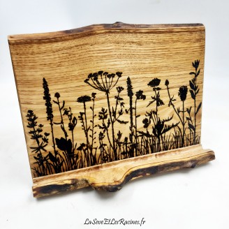 Support inclinable pour tablette et ordinateur hybride en bois avec gravure florale