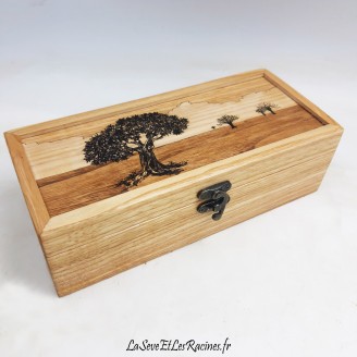 Boîte à montres en bois pyrogravée avec motif olivier et paysage, trois emplacements avec coussins