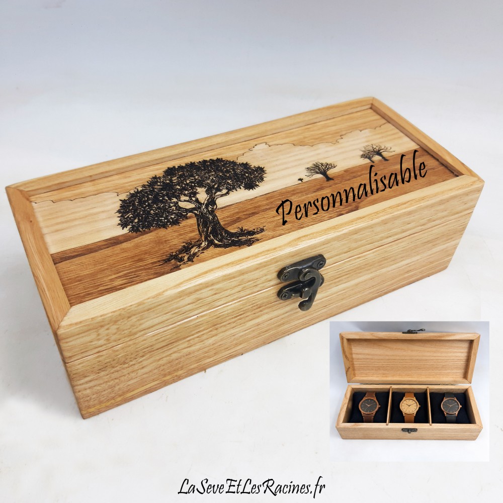 Boîte à montres personnalisée artisanale en bois pyrogravée avec motif olivier et paysage, trois emplacements avec coussins