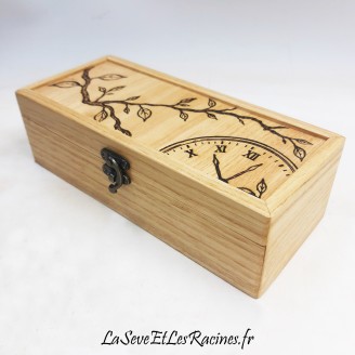 Boîte à montres en bois pyrogravée avec motif branche arbre et cadran de montre, trois emplacements avec coussins