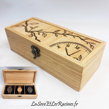 Boîte à montres en bois pyrogravée avec une branche d’arbre et un cadran de montre, trois emplacements avec coussins