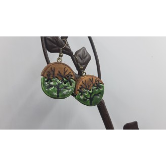 Boucles d'oreilles bois ceramique vertes