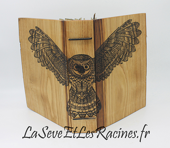 classeur en bois chouette tribale personnalise artisanal